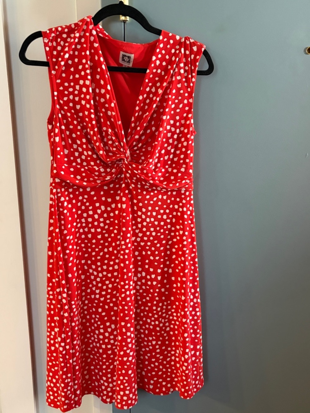 Anne Klein Red Sleeveless Knot-Front Midi Dress with White Dot Print